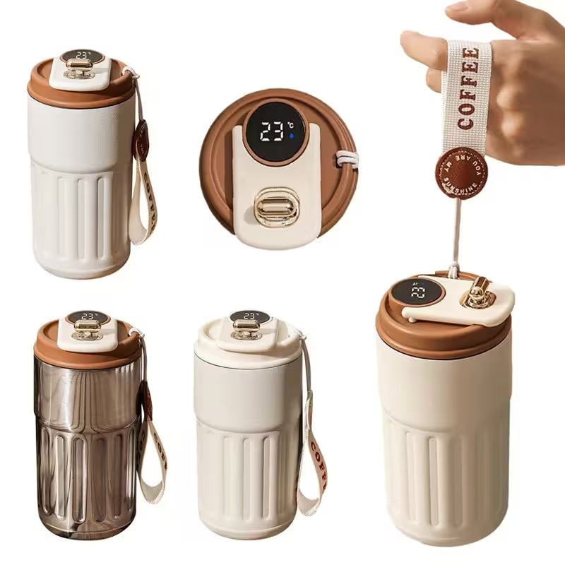 Set of insulated travel mugs with digital thermometer and coffee-themed accessories on a white background