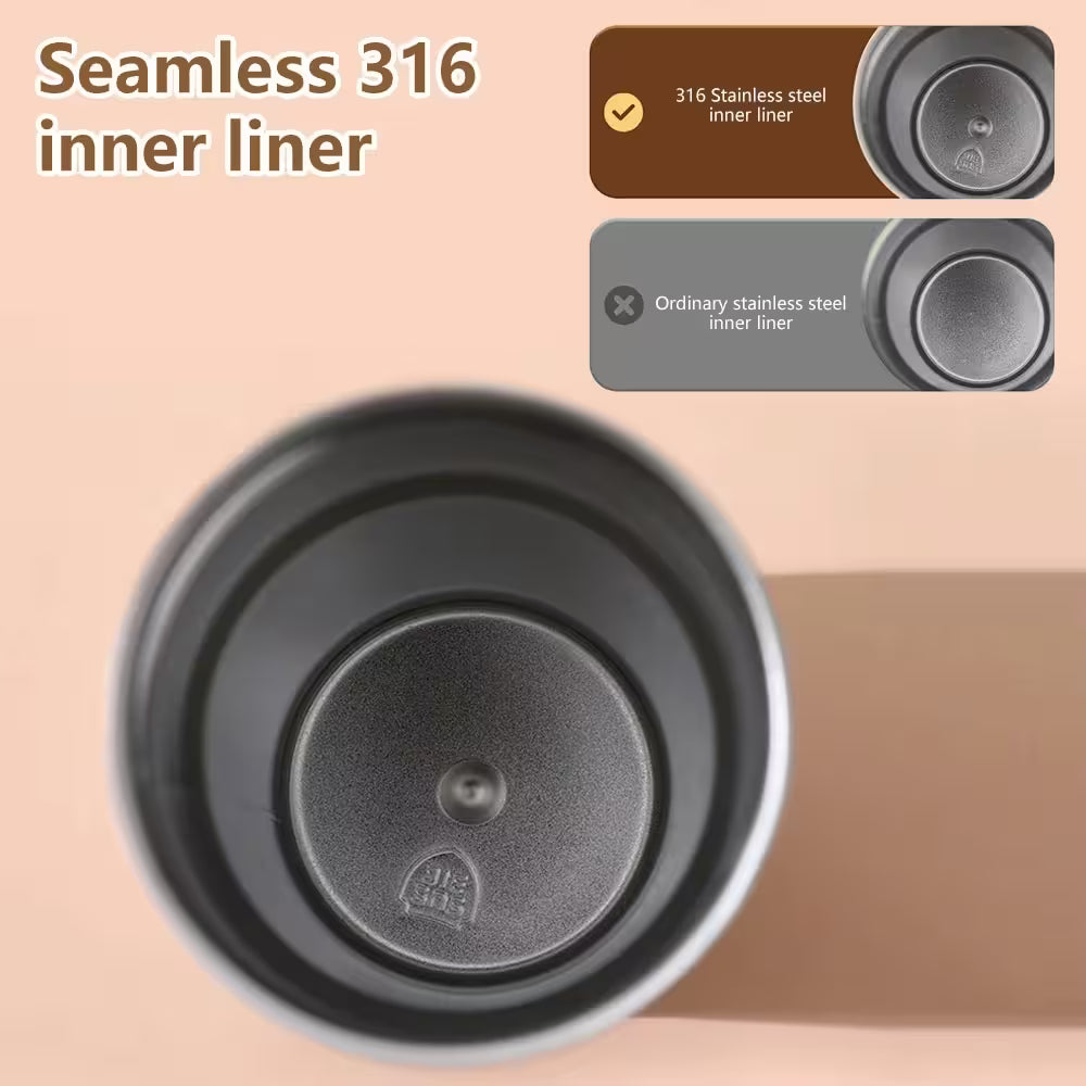 Black inner liner of a container with 'Seamless 316 inner liner' text and comparison icons on a beige background.