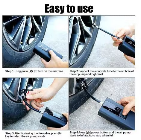 Instructions on how to use a portable air pump for car tires.