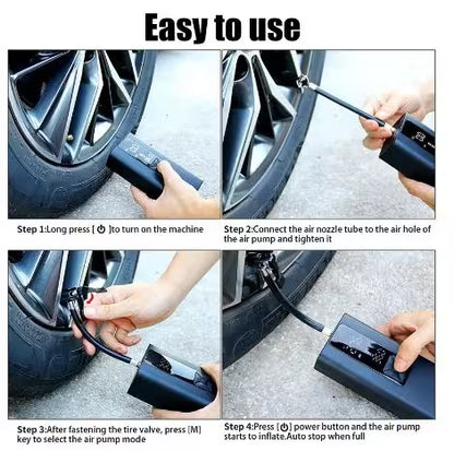 Instructions on how to use a portable air pump for car tires.