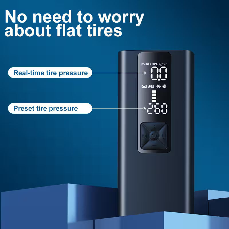 Digital tire pressure monitor with text 'No need to worry about flat tires' on a blue background