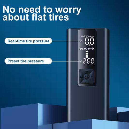 Digital tire pressure monitor with text 'No need to worry about flat tires' on a blue background