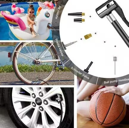 Collage of various items including a bicycle wheel, basketball, and pump with valve components.