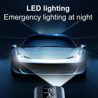 Car with illuminated headlights and a remote control, emphasizing LED lighting for emergency use at night.
