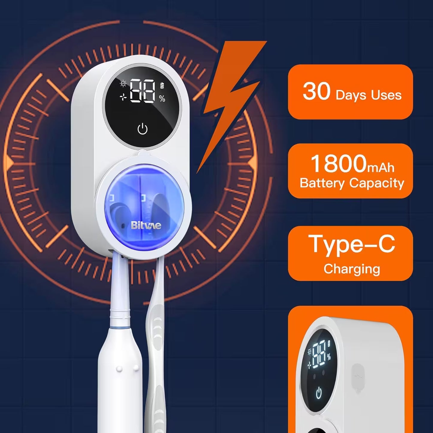 Electric toothbrush with digital display and charging cable on a dark blue background with orange accents.