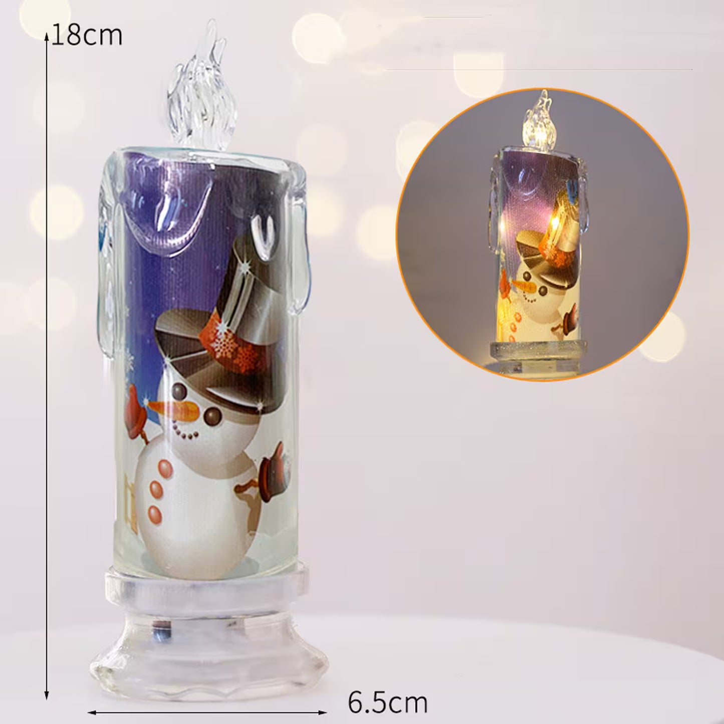 Decorative glass item with a snowman design, showing size and inset detail on a light background.