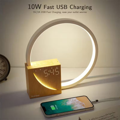 Smart clock with round LED light and smartphone on a table, featuring 10W fast USB charging.
