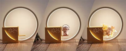 Three decorative items with digital displays on a wooden surface, framed by circular light panels.