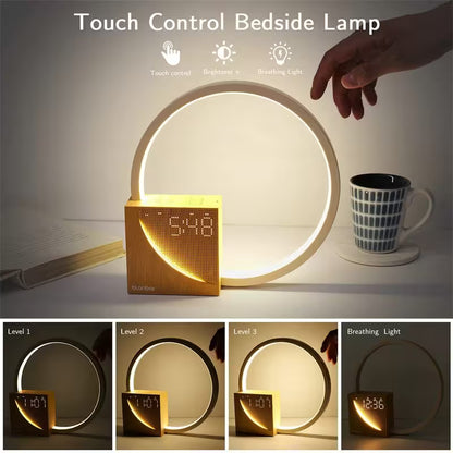 Touch control bedside lamp with digital clock and light settings on a shelf.