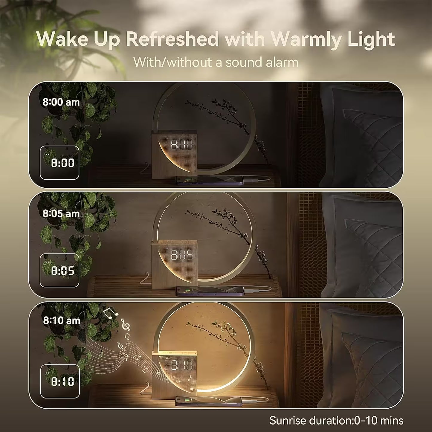 Digital clock with warm light display in a bedroom setting, showing time progression from 8:00 am to 8:10 am.