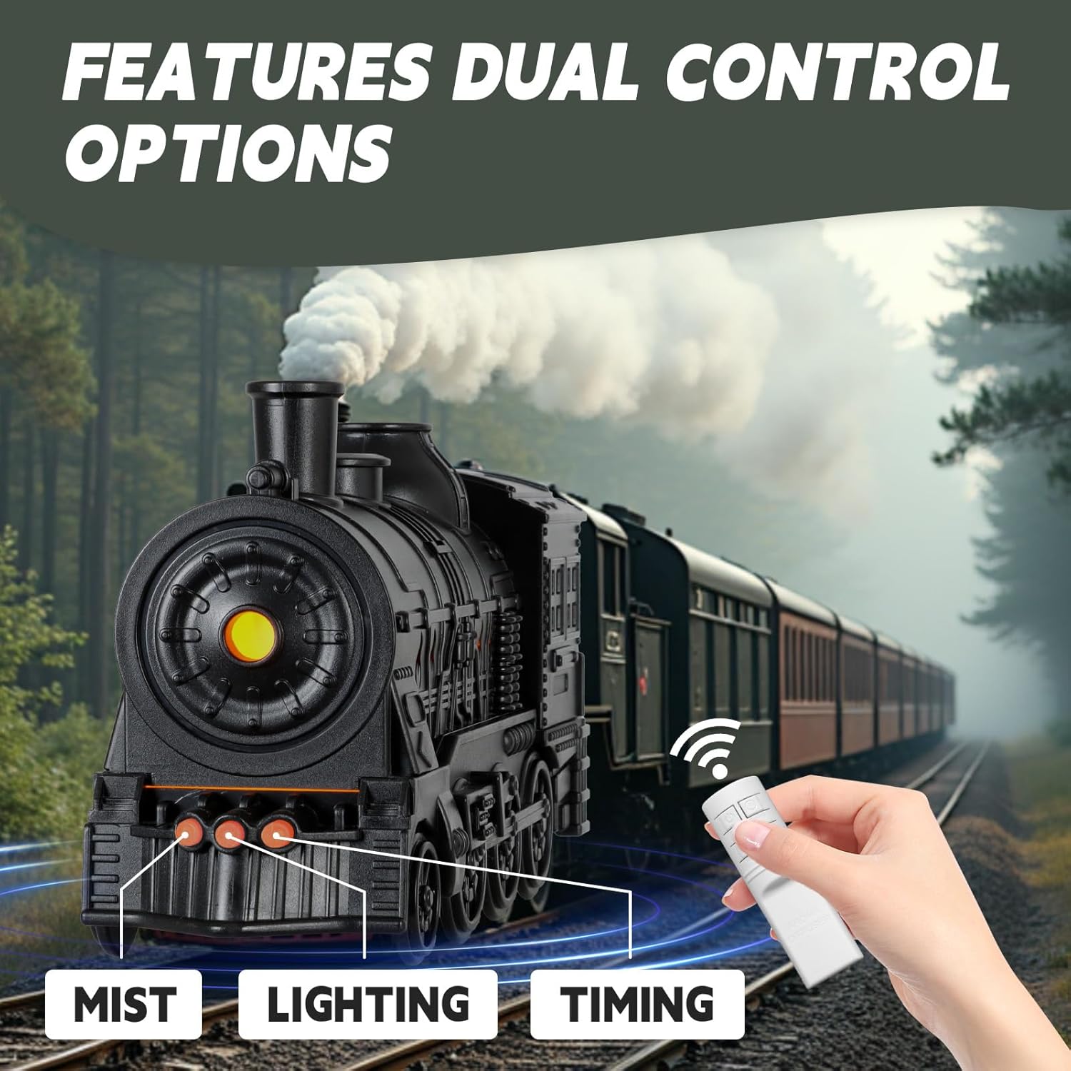 Toy train with remote control features dual control options on a scenic background.
