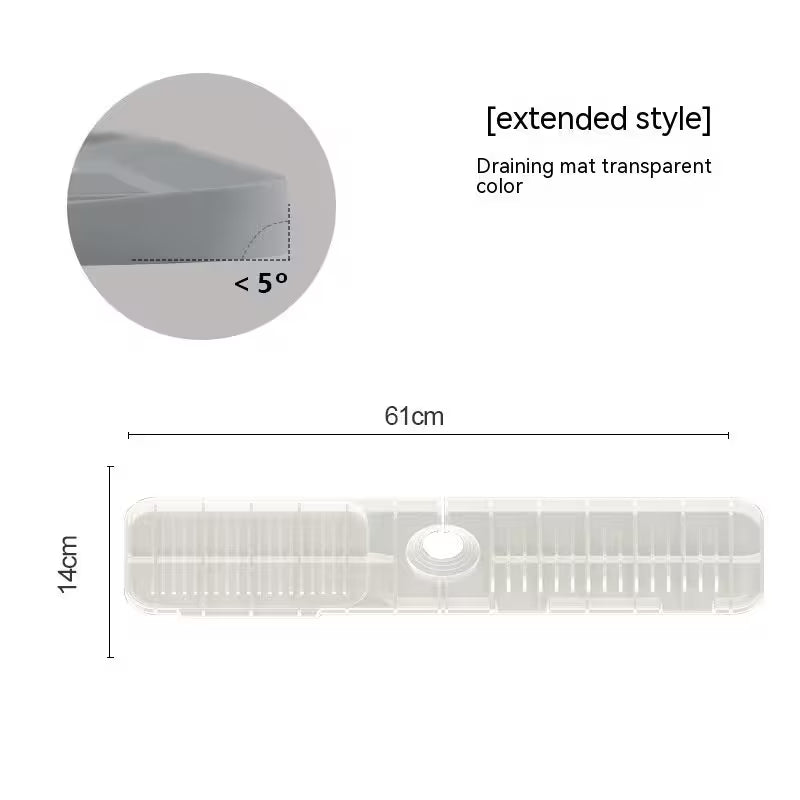 Transparent draining mat with dimensions and angle measurement on a white background