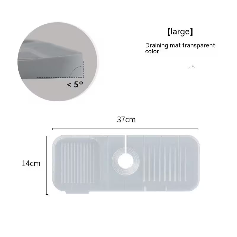 Transparent draining mat with dimensions and angle measurement on a white background