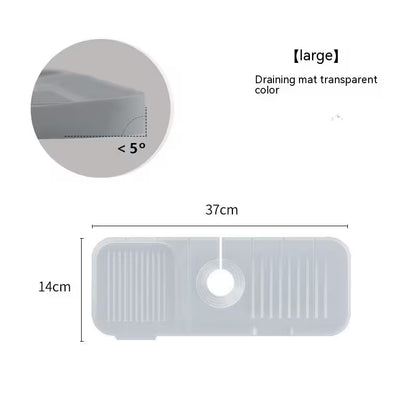 Transparent draining mat with dimensions and angle measurement on a white background