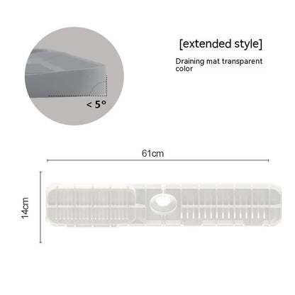 Transparent draining mat with dimensions and angle measurement on a white background