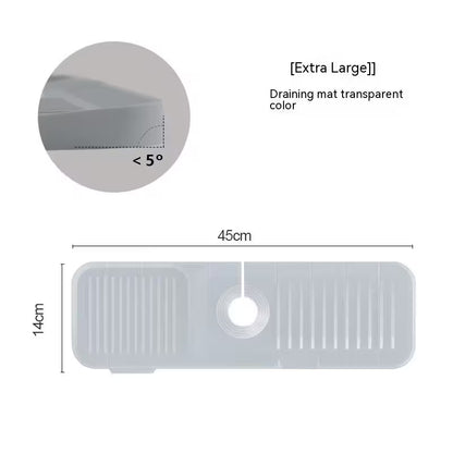 Transparent draining mat with dimensions and angle measurement on a white background