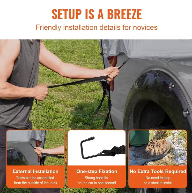 Person installing a tent on a car with text highlighting setup ease and features.
