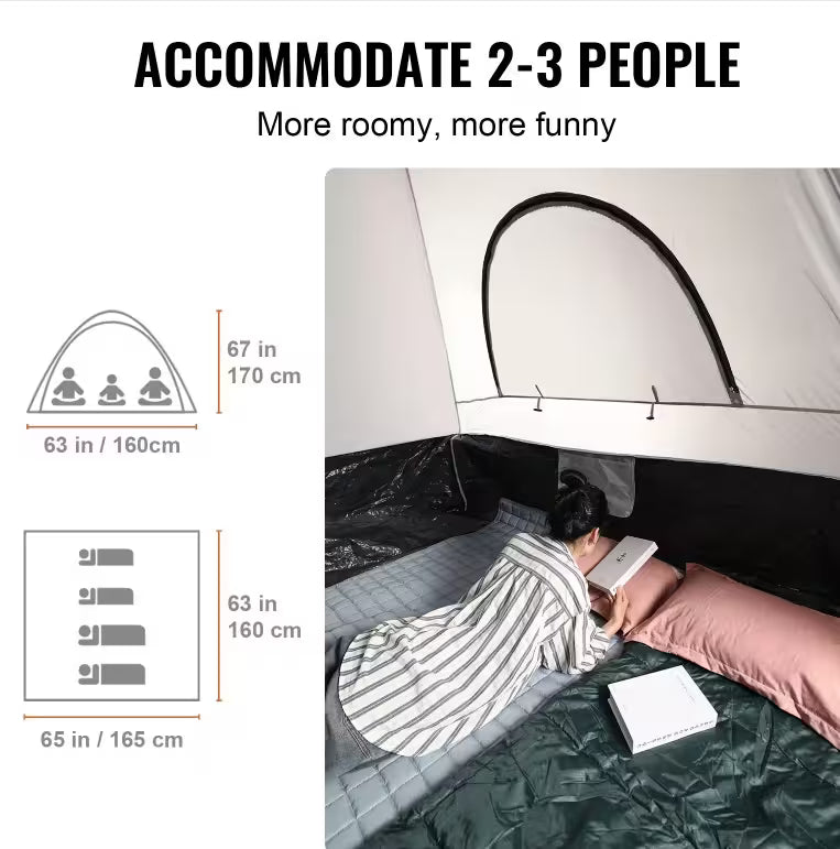 Tent interior with a person lying on a mattress, showing dimensions and capacity for 2-3 people.