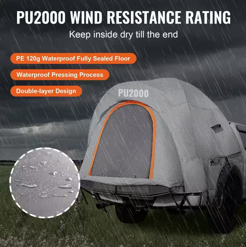 Camping trailer with PU2000 wind resistance rating features and rain protection details.