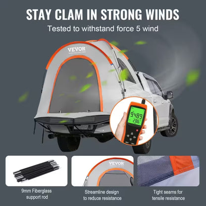 Car tent with Vevor branding, featuring text about wind resistance and product features.