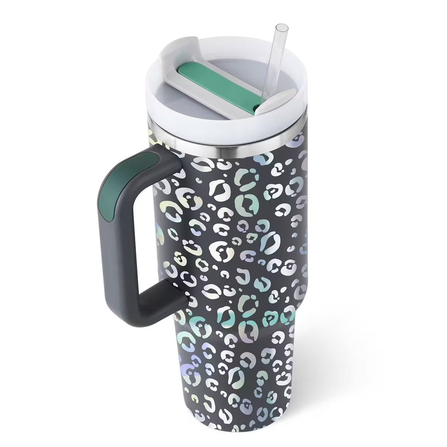 Travel mug with leopard print pattern on a white background