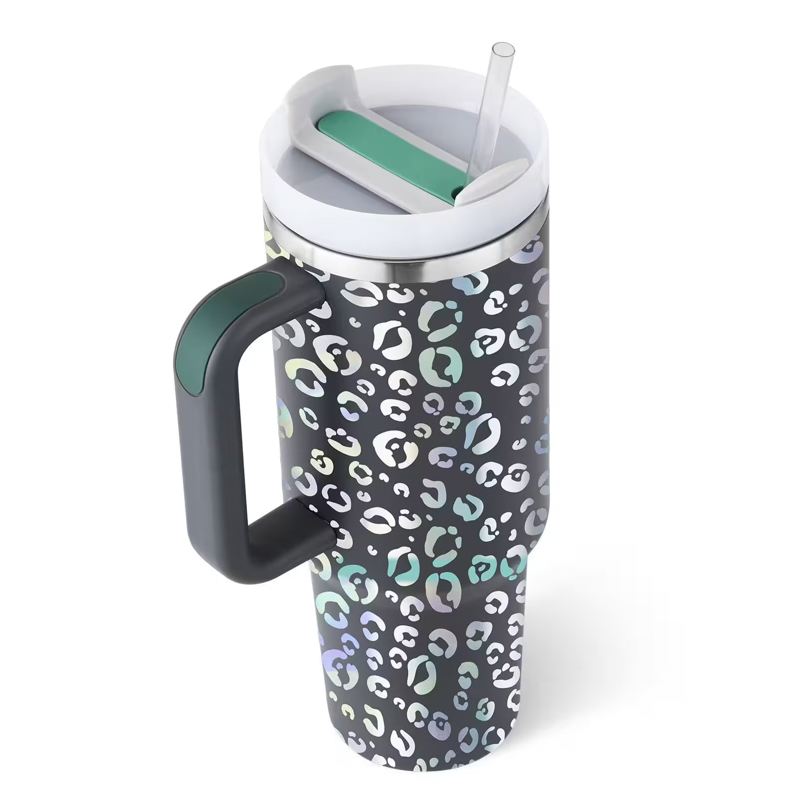 Travel mug with leopard print pattern on a white background