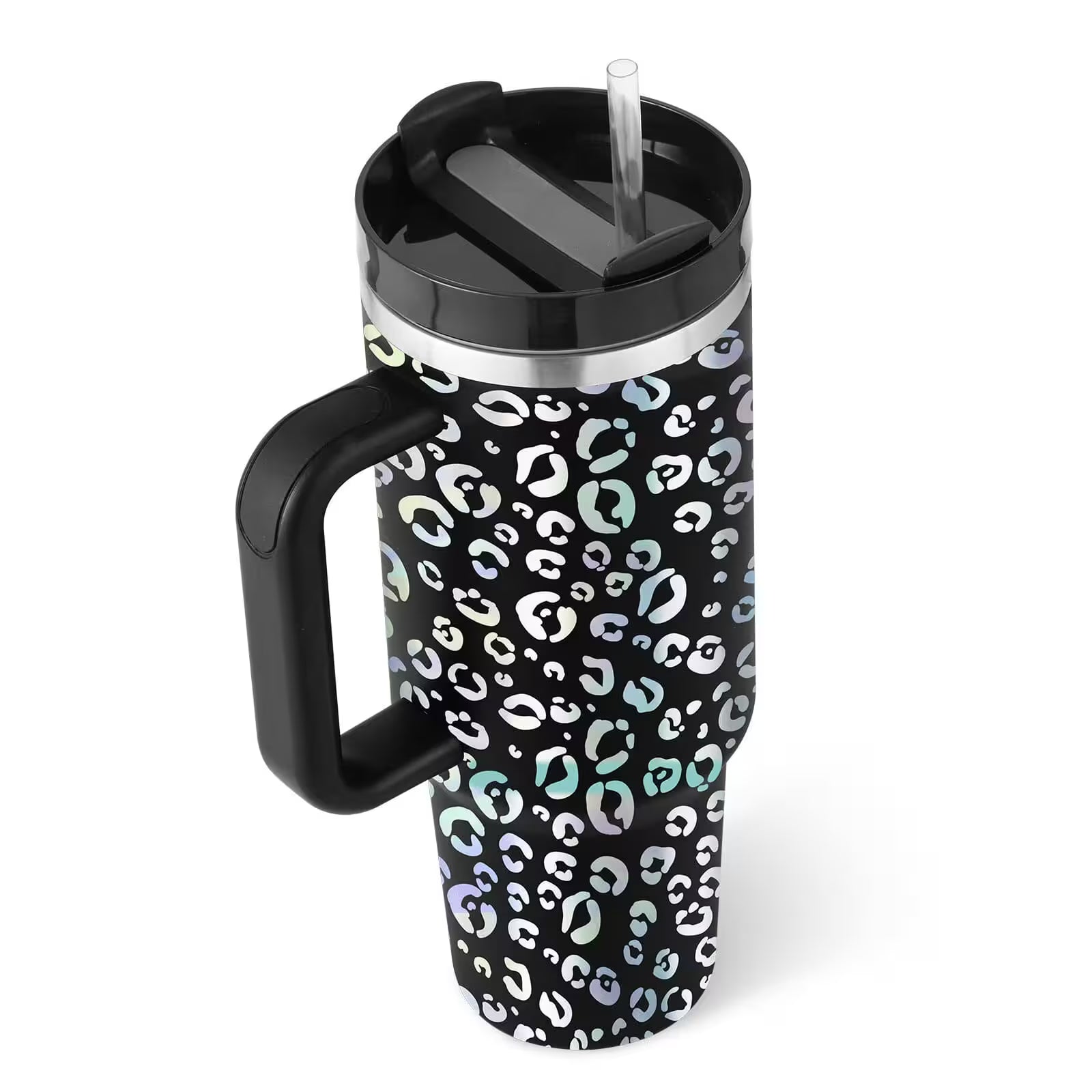 Travel mug with leopard print pattern on a white background