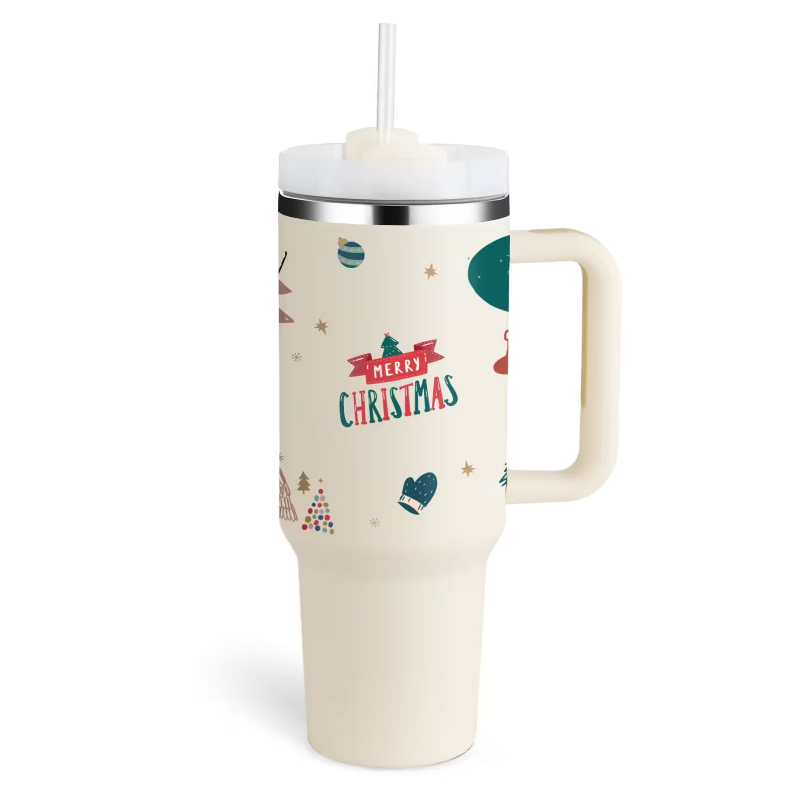 Cream-colored tumbler with Christmas design and 'Merry Christmas' text on a white background