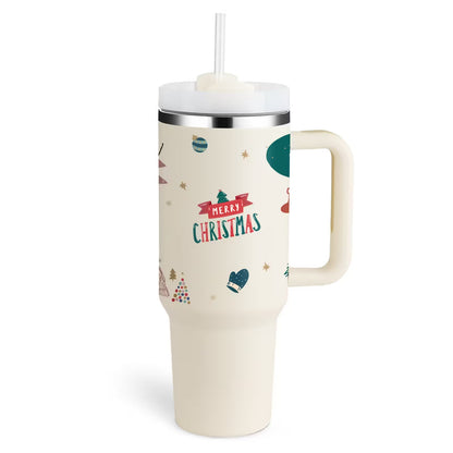 Cream-colored tumbler with Christmas design and 'Merry Christmas' text on a white background