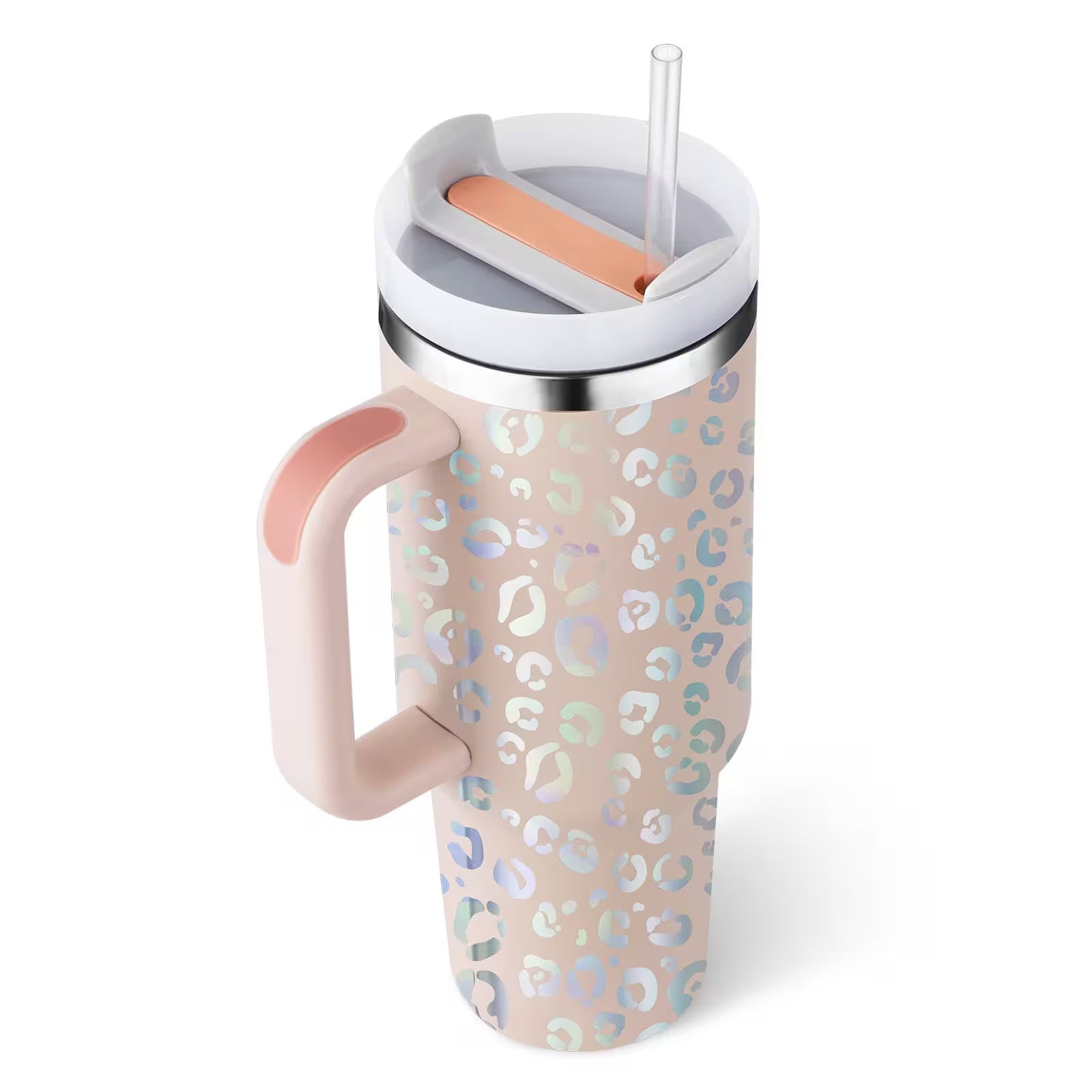 Travel mug with leopard print pattern, pink handle, and straw on a white background