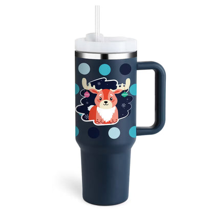 Navy blue tumbler with a cartoon reindeer design on a white background
