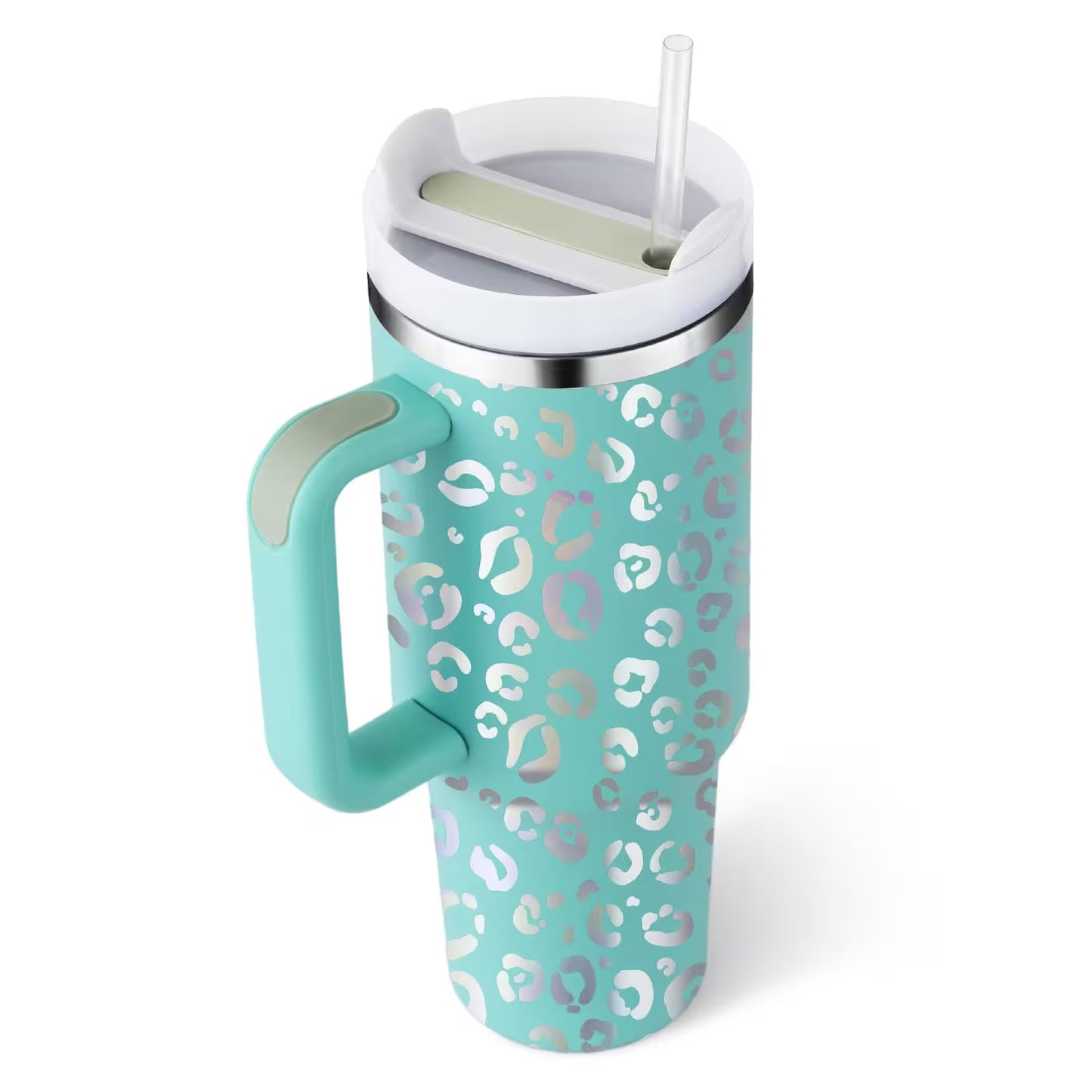 Turquoise tumbler with leopard print pattern on a white background