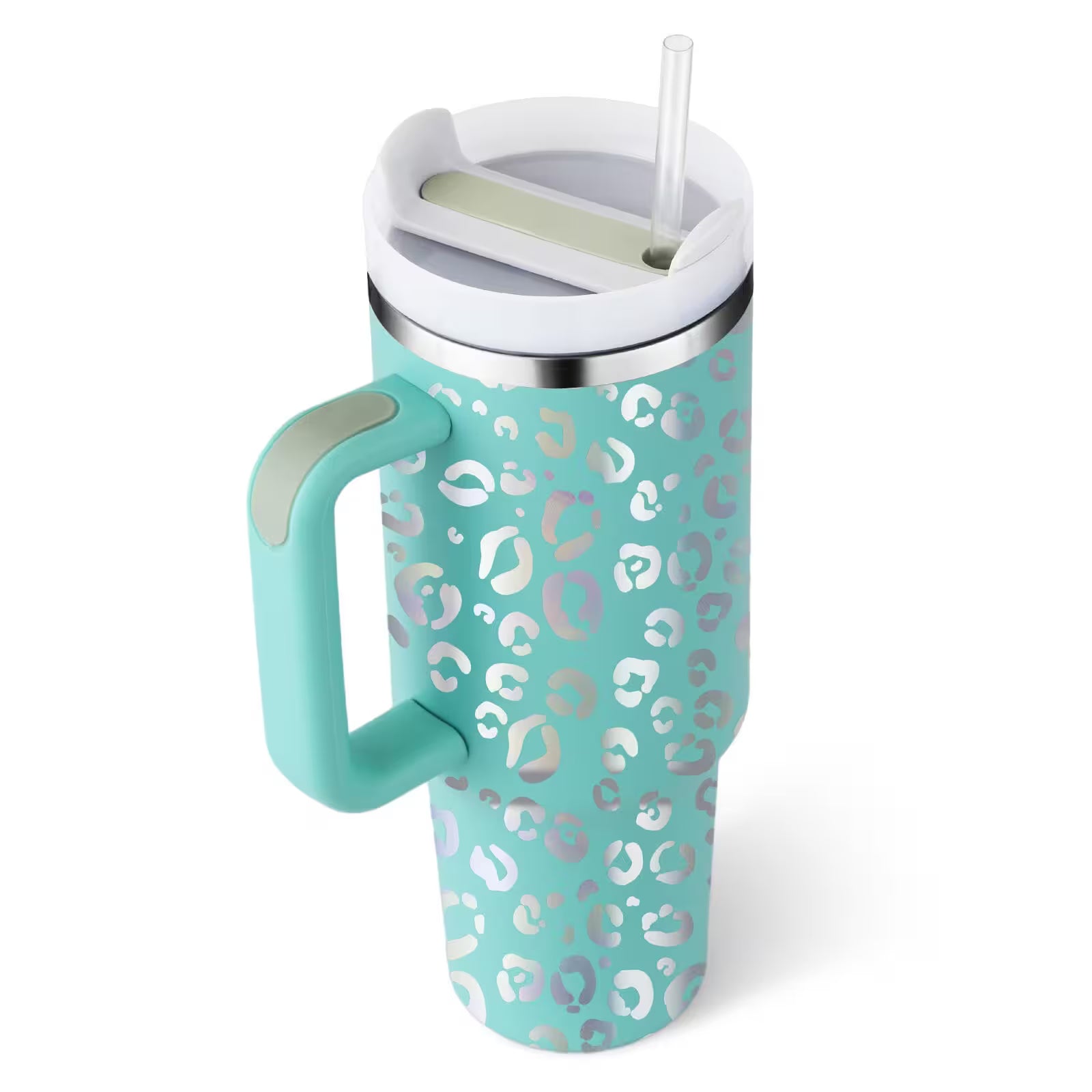 Turquoise tumbler with leopard print pattern on a white background