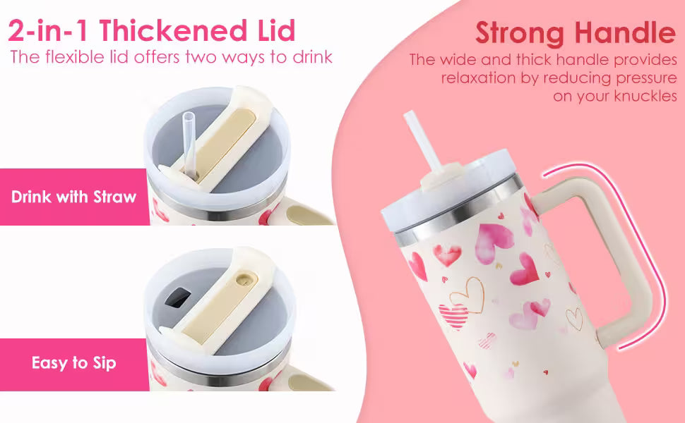 Tumbler with heart designs and handle on a pink background