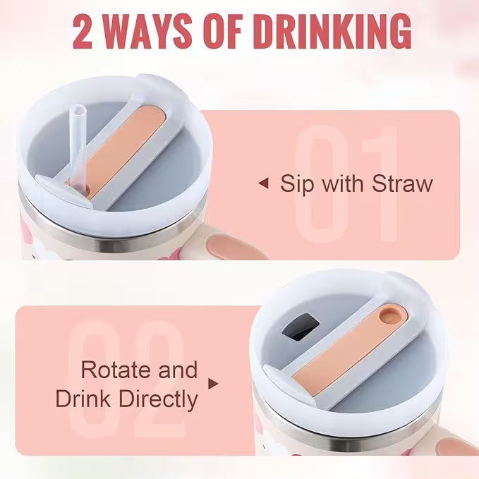 Two ways of using a travel mug with a straw lid on a pink background.