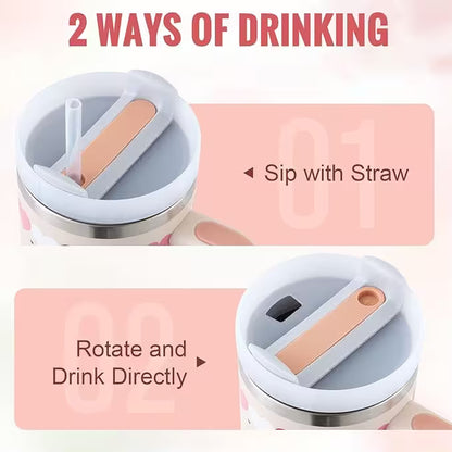 Two ways of using a travel mug with a straw lid on a pink background.