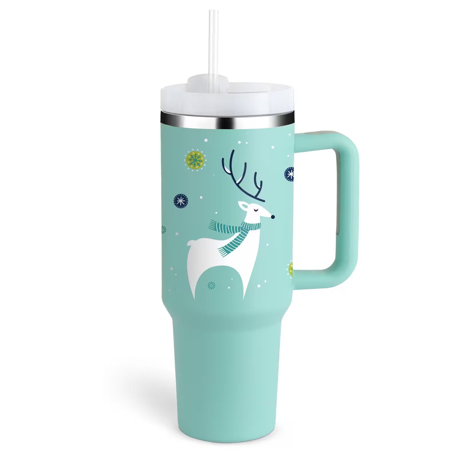 Mint green tumbler with a reindeer design on a white background
