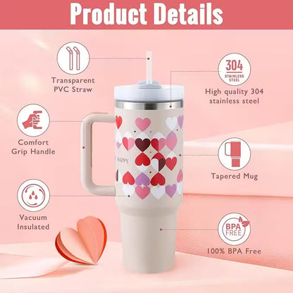 Tumbler with heart designs on a pink background with product details.