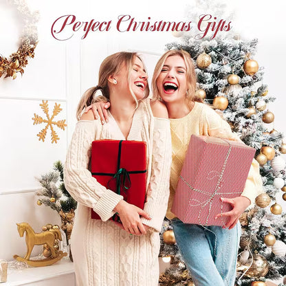 Two women holding Christmas presents in front of a decorated tree with 'Perfect Christmas Gifts' text.