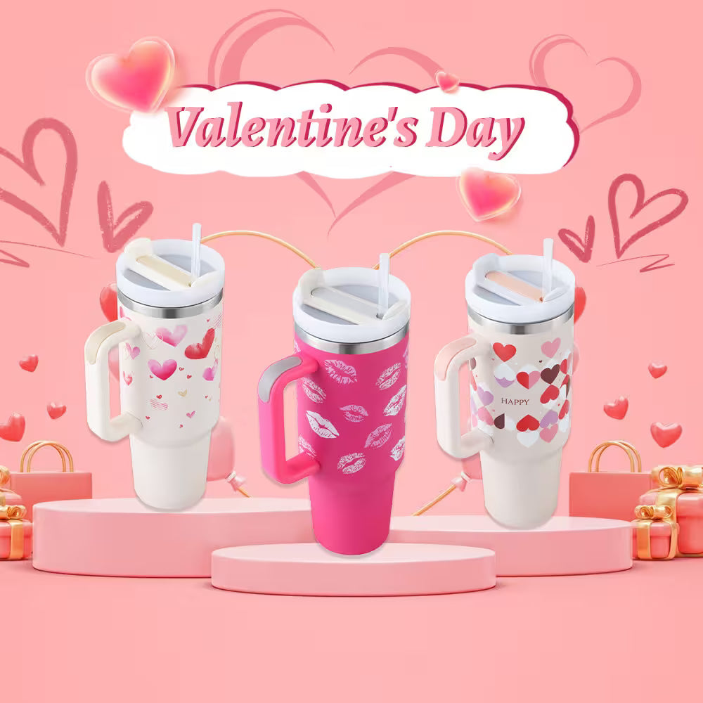 Three Valentine's Day-themed tumblers on a pink background with hearts and 'Valentine's Day' text.