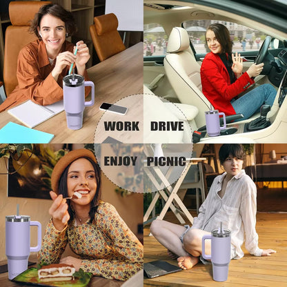 Collage of a woman using a purple insulated mug in various settings.
