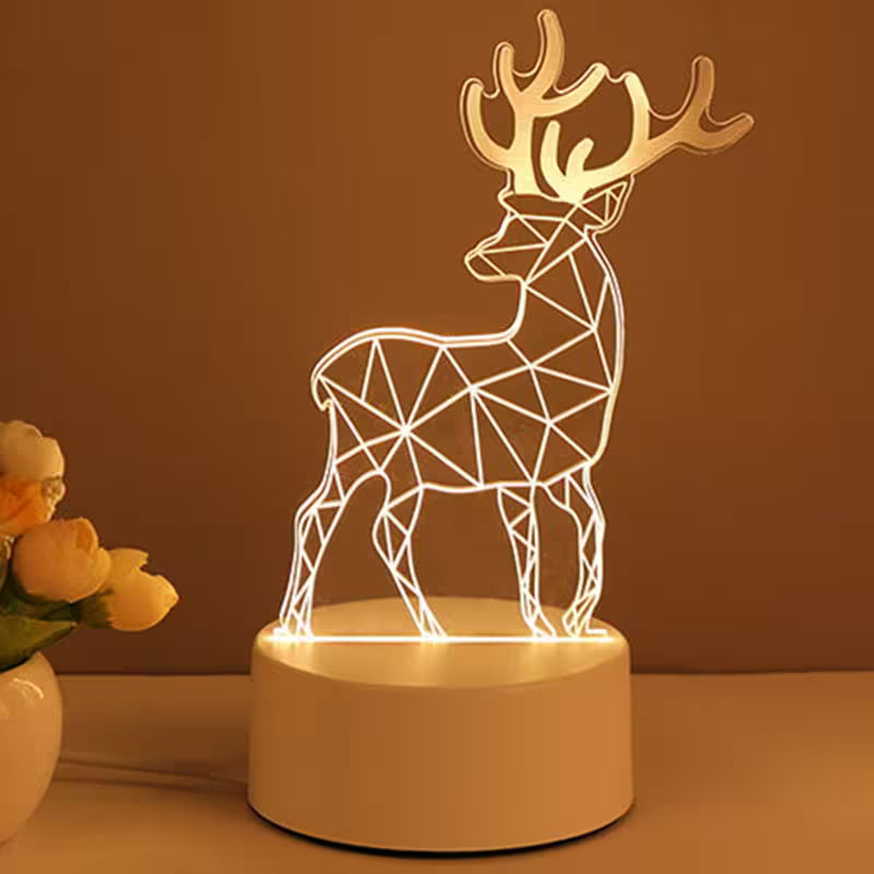 Geometric deer lamp on a brown background with flowers to the side