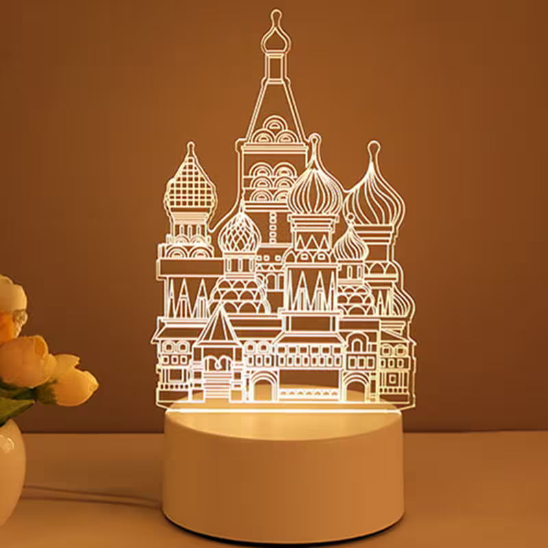 Decorative night light shaped like a famous architectural landmark on a brown background