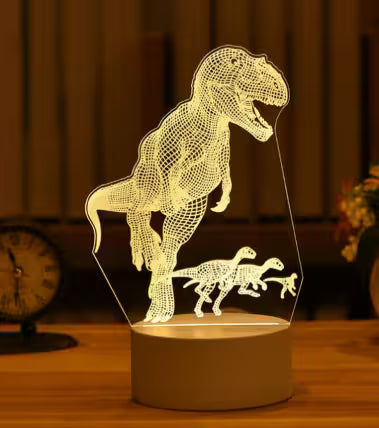 3D dinosaur lamp on a wooden surface with a blurred background
