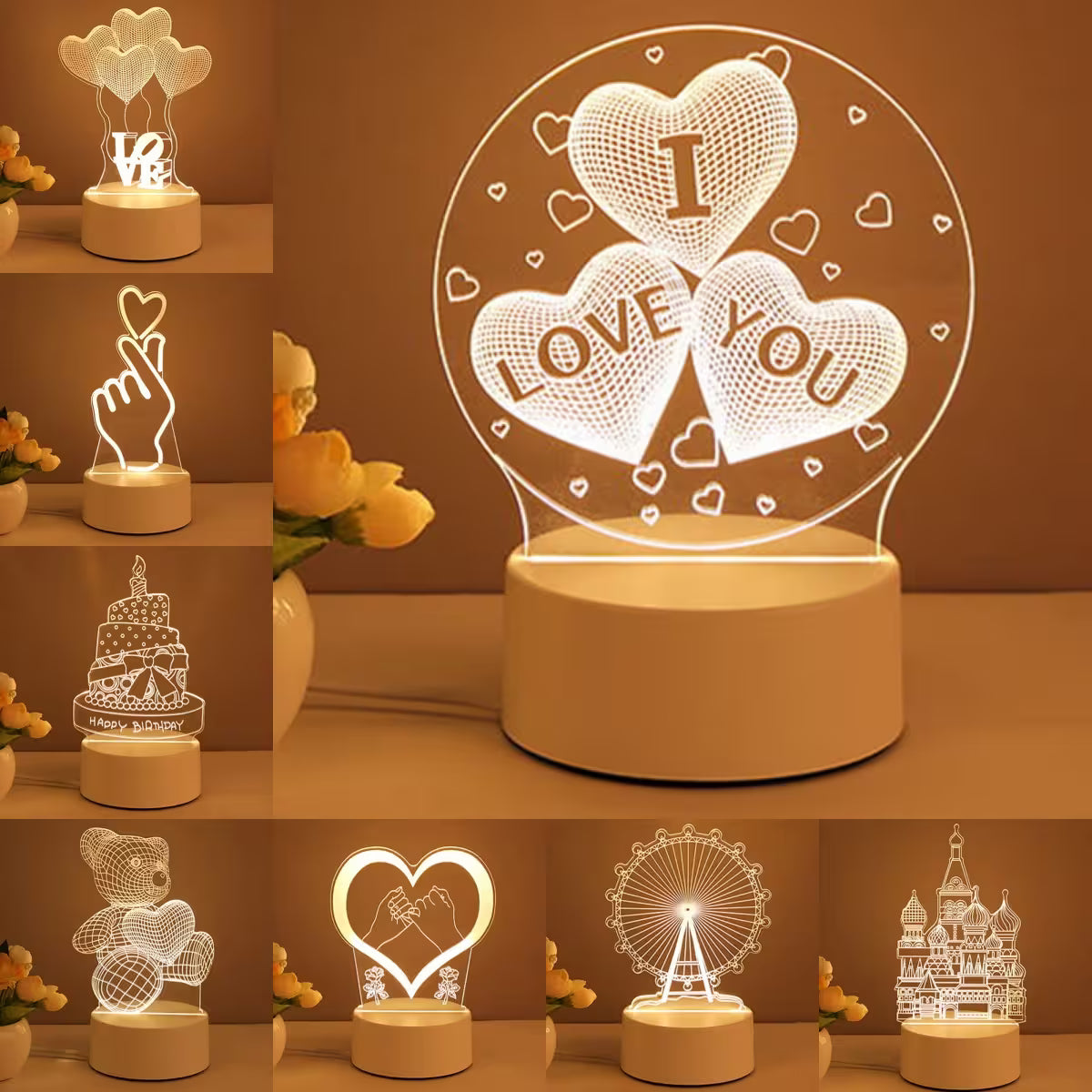 Collage of various 3D heart-shaped night lights with different designs on a warm-toned background.