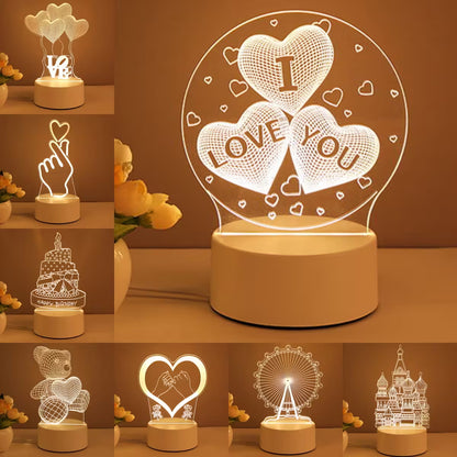 Collage of various 3D heart-shaped night lights with different designs on a warm-toned background.