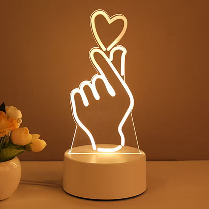 Neon light shaped like a hand with a heart, on a brown background