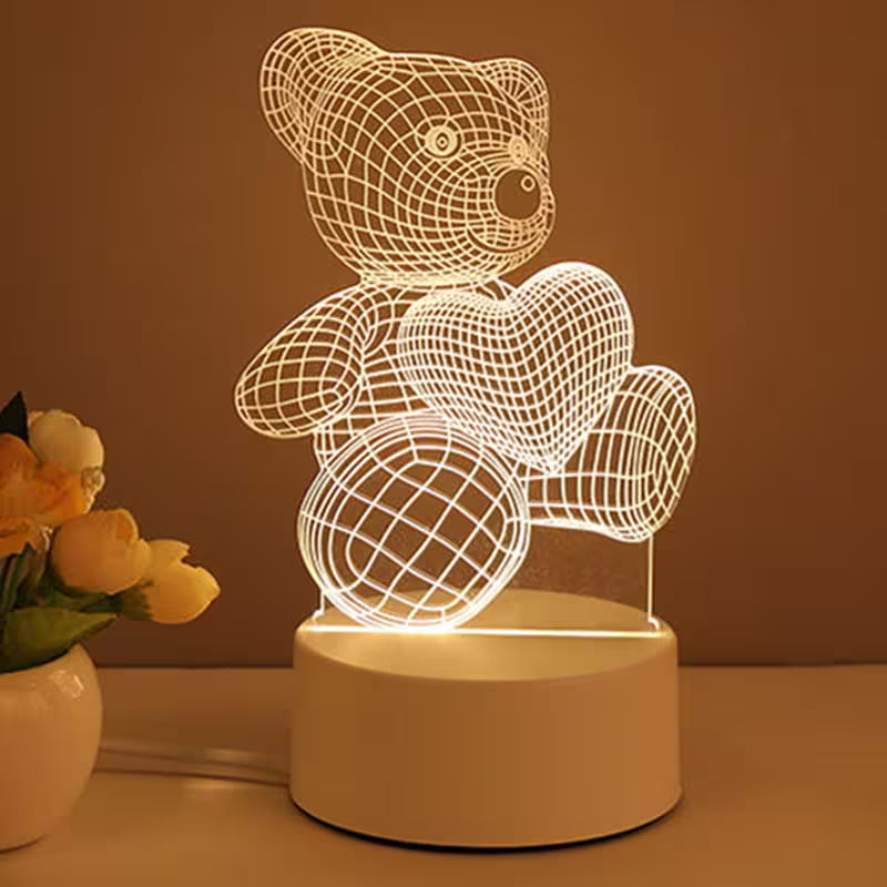 Teddy bear-shaped night light on a brown background with flowers to the side