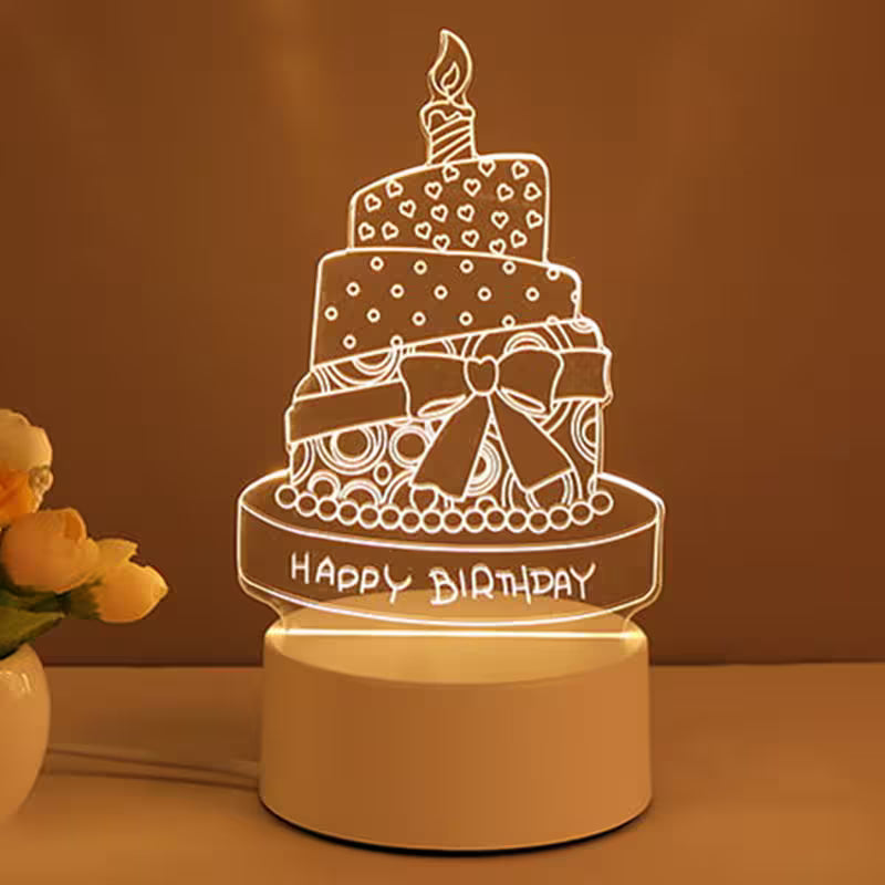 3D birthday cake lamp with a candle on a brown background