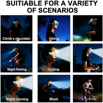 Person wearing a headlamp in various scenarios including climbing, hiking, night fishing, cycling, and running.